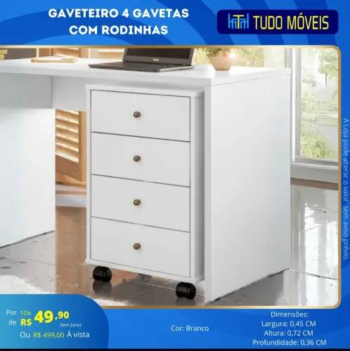 Gaveteiro c/rodinhas e 4 gavetas 