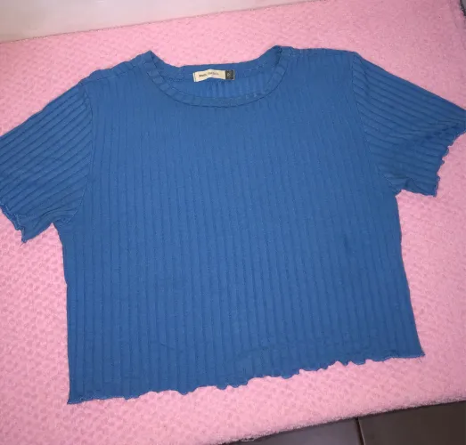 Cropped Canelado Azul com Gola Careca Pool Basics