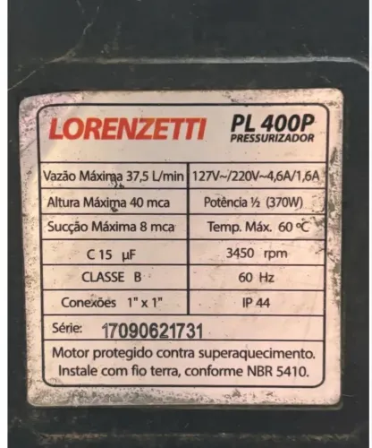 Pressurizador de Água - Lorenzetti PL400P