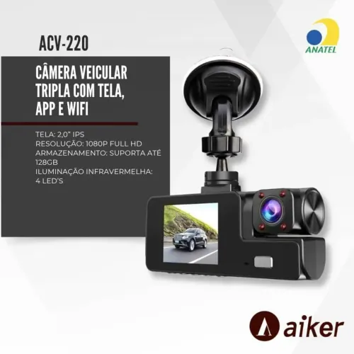 Câmera Veicular Tripla Aiker ACV-220 Full HD 1080P
