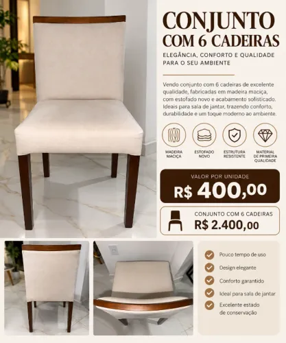 Conjunto com 6 Cadeiras Jantar de Madeira Maciça