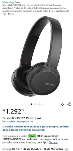 [NOVO / RARO] Headphone Sony WH-CH510 Bluetooth, Branco (Até 10x sem juros)
