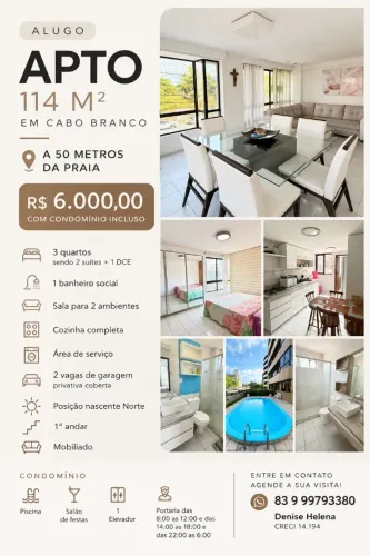 CABO BRANCO MOBILIADO 50M DA PRAIA!