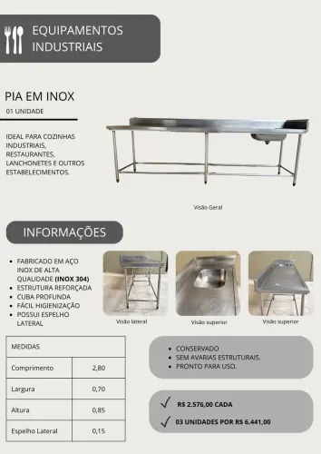 Pia Industrial em Inox 304 - 2,80m (Espelho Lateral)