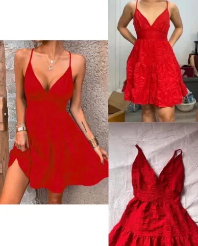 Vestido vermelho acinturado alça ajustável costas vazada e com laço bainha esvoaçante