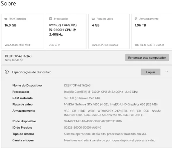 Notebook Acer Nitro 5 i5 9th Gen - GTX 1650 - 1.25Tb (125Gb SSD + 1Tb HD) - 16Gb RAM
