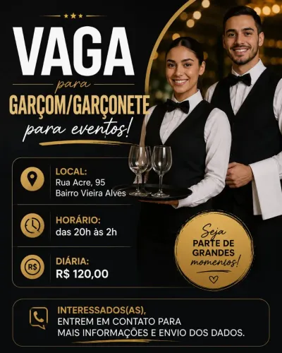 Vaga para garçons extras ! 120 a 150 reais ! <br> diária de 120,00 a 150,00 reais .