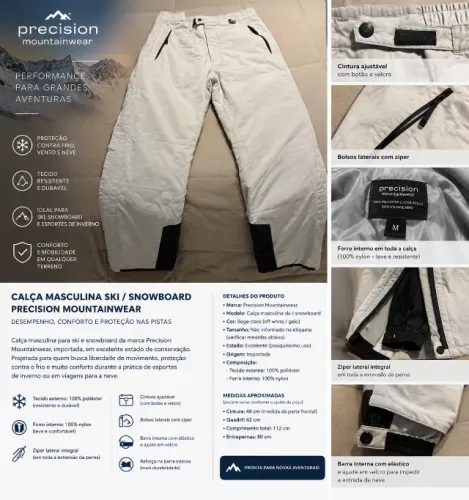 Calça Ski/Snowboard Masculina Precision Mountainwear: Forrada, Zíper Integral, Tam M