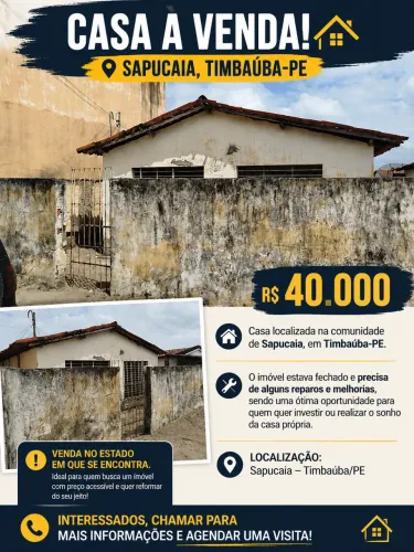 Casa à venda em Sapucaia - Timbaúba/PE | R$ 40 mil