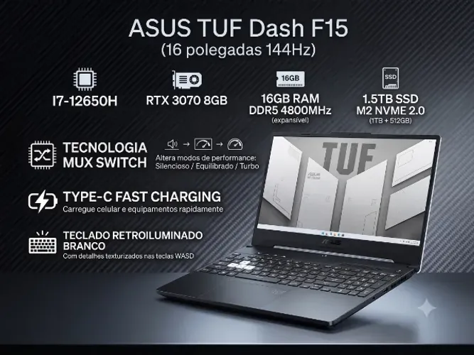 Notebook Gamer ASUS TUF Dash F15 - i7 12° + RTX 3070 8GB - Para sair Rápido!