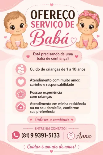 Babá disponível .cuido de crianças de 1 á 10 anos de idade