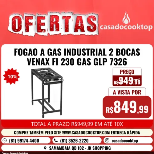 FOGAO A GAS INDUSTRIAL 2 BOCAS VENAX FI 230 GAS GLP 7326