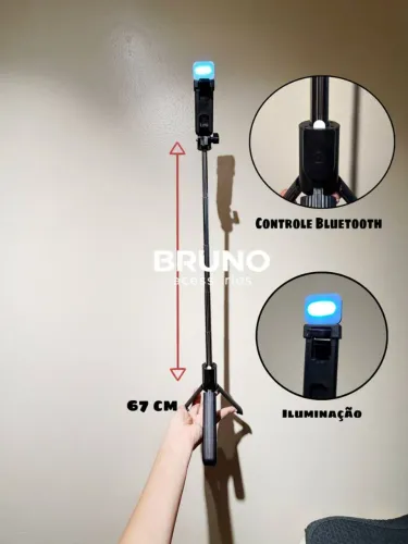 Bastão de selfie tripé com led e controle 