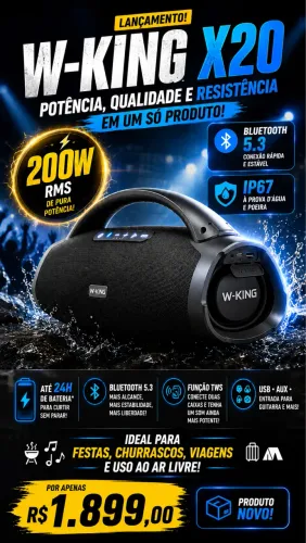 Caixa de Som Bluetooth W-KING X20 200W RMS IP67 Original - Som Potente