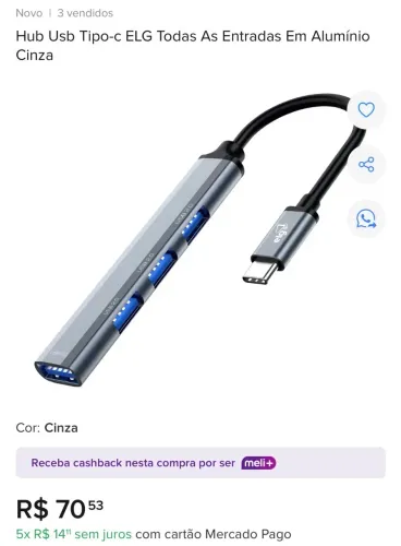 Hub Usb Tipo-c ELG Todas As Entradas Em Alumínio Cinza