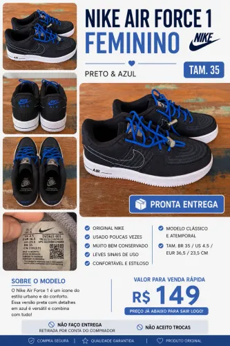 Nike Air Force 1 Moving Co. Preto e Azul - Tam. 35 - Original