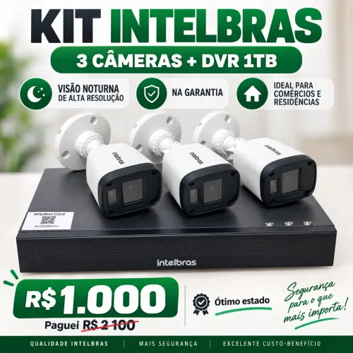 Kit Intelbras 3 Câmeras + DVR 1TB | Visão Noturna | Na Garantia