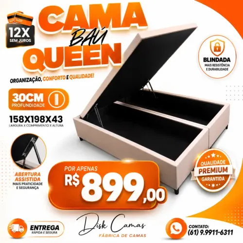 Organização e Conforto! Cama Baú Queen Blindada 158x198x43! 