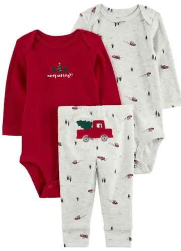 Conjunto Longo Natalino Carter's - 3 Meses - 3 Peças - Natal - Vermelho e Cinza