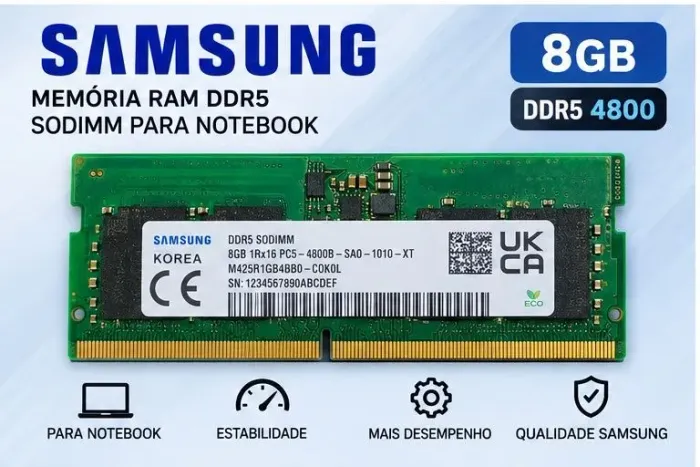 Memória RAM Samsung 8GB DDR5 4800MHz SODIMM Notebook