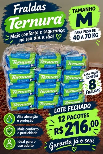 Fraldas geriatricas Ternura tam M de 40 a 70 kg promoção imperdível!