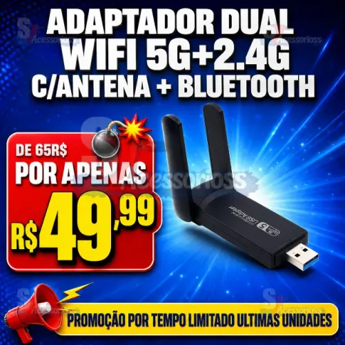 Adaptador Dual Wi-Fi 5G + 2.4G com Antena + Bluetooth