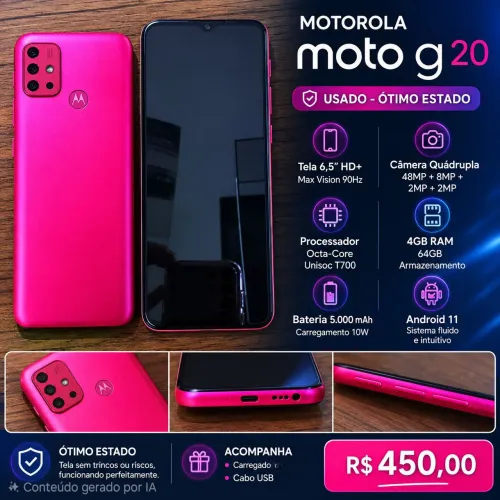 Motorola Moto G20 Rosa Pink 64GB + Carregador e Fone Original - Ótimo Estado