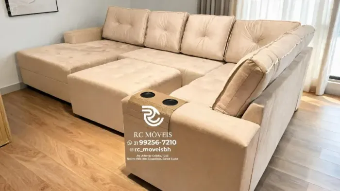 Sofá de Canto 3,10m Chaise e Puff Veludo Marrom Claro D33 Durável