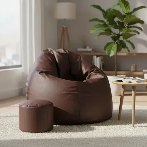 Puff Pera Gigante Marrom Couro Sintético + Puff Banqueta Apoio
