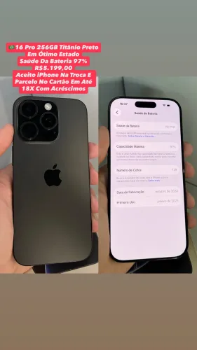 iPhone 16 Pro 256GB Titânio Preto - Saúde Da Bateria 97% (Usado)