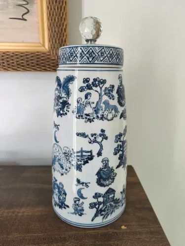Potiche toile de jouy azul e branco