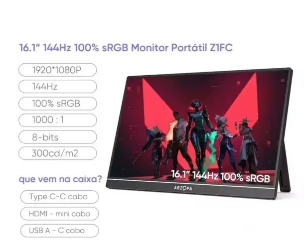 Monitor Portátil Arzopa Z1FC 16.1 Polegadas 144Hz 100 por cento sRGB