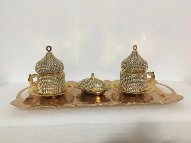 Kit Presente Decoração Dourado com Xícaras Importadas da Turquia Cafezinho