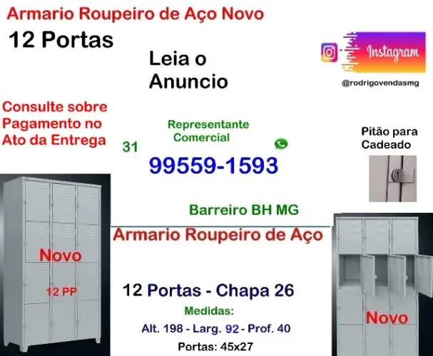 Guarda Volume 12 Portas Armário Roupeiro de Aço Escaninho Industria Vestiário moveis loja