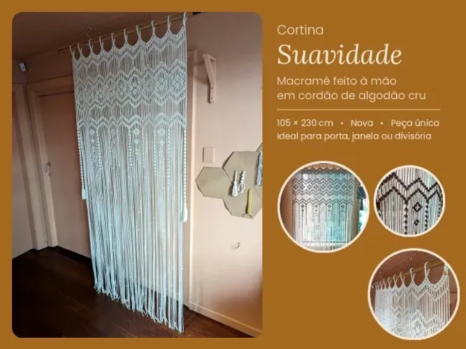 Cortina de macramê artesanal 105x230cm, algodão cru, nova