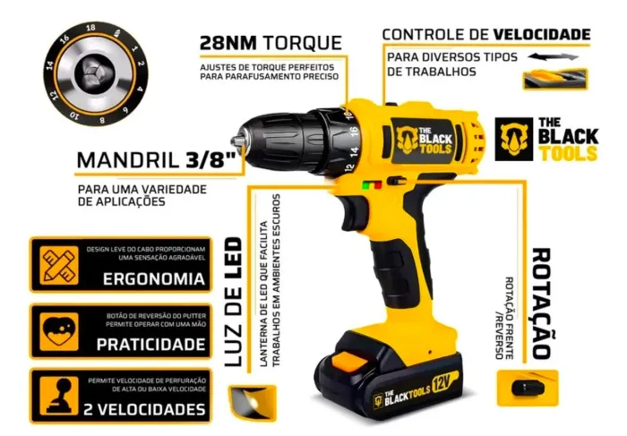 Parafusadeira E Furadeira Sem Fio Bateria 3/8 10mm Com Maleta E Acessorios The Black Tools