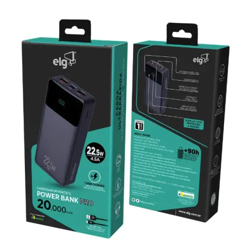 Carregador Portátil Power Bank ELG 20000mAh, Display Digital, USB-C/USB-A, 12x 12,27