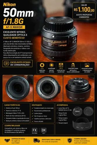 Lente Nikon AF-S NIKKOR 50mm f/1.8G | Excelente Estado | Pouco Uso