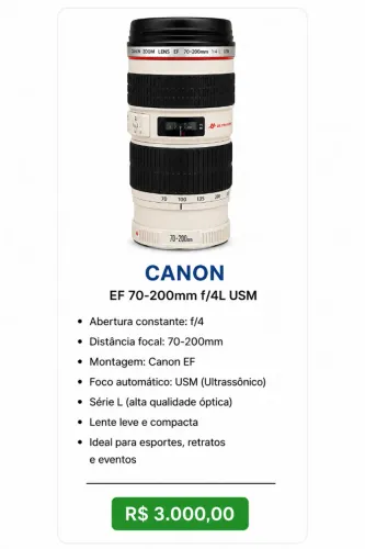 Canon EF 70-200mm f/4L USM - Série L | Excelente Estado