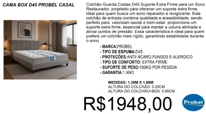 Colchão + box - casal - D45 - probel - compre hoje e receba em até 72 horas