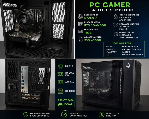 PC Gamer Ryzen 7 + RTX 2060 8GB + 16GB RAM + SSD 480GB