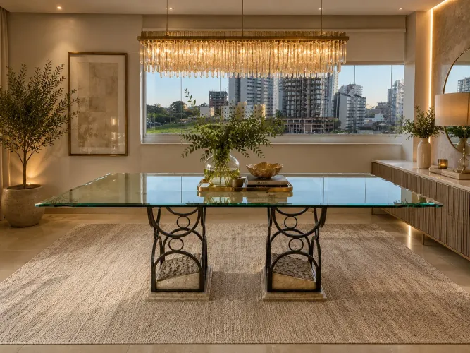 Mesa de jantar 2,0 x 1,0, tampo de vidro sextavado e pés de ferro e mármore travertino
