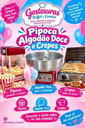 Algodão doce, pipoca e creps