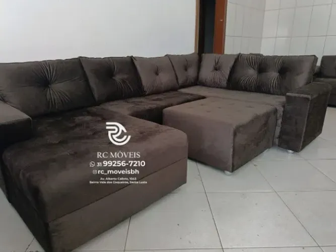 Sofá de canto Grande 3,10m com Chaise e Puff veludo macio D33 Premium