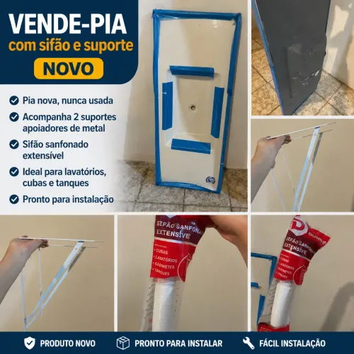 Pia de Lavatório Nova + 2 Suportes Metálicos + Sifão Extensível