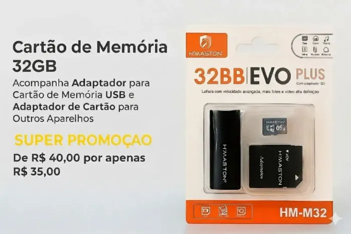 Cartão de memória de 32GB incluso adaptadores