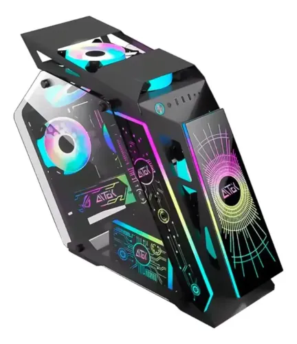 Gabinete gamer com paineis de vidro RGB.