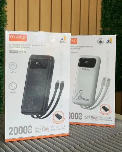 Power Bank A?Gold Pro 20000mAh Turbo 22.5W BTE-38 com Cabos Embutidos PD Anatel