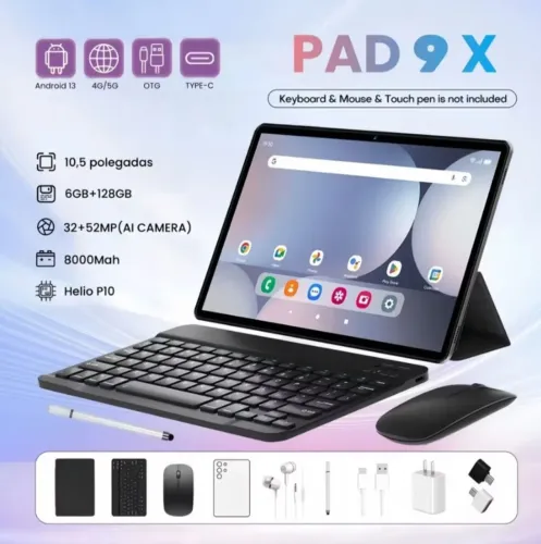 Pad 9X Tablet Android Tela Grande 10.5 FHD 6+128GB WiFi 5G Uso Trabalho Estudo 8000mah