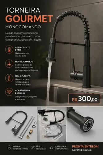 Torneira Gourmet Monocomando Preta - Água Quente e Fria